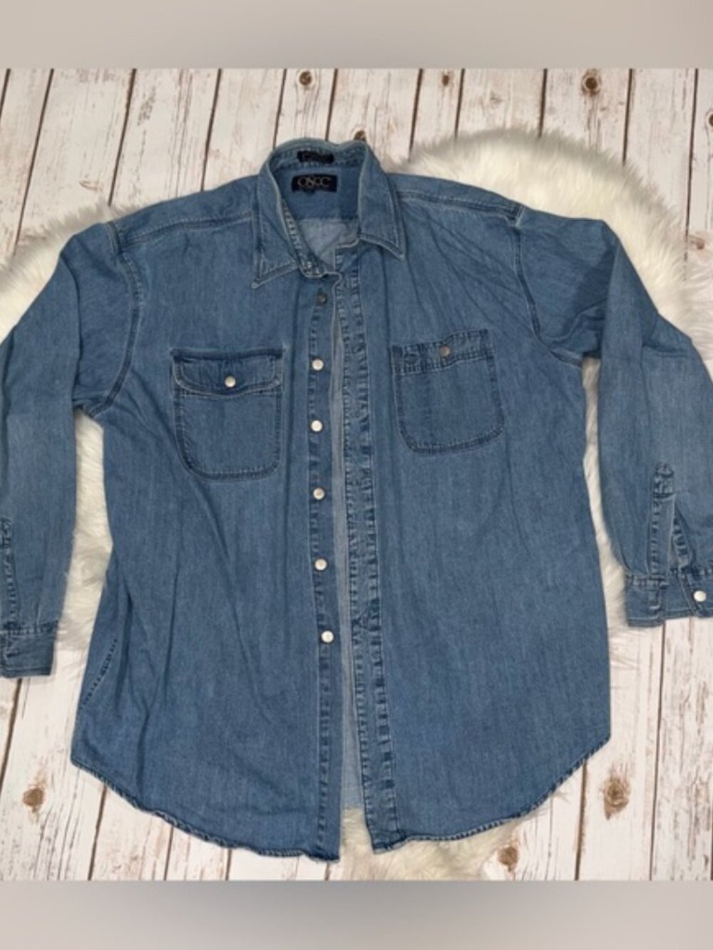 Vintage OSCC Oversized Light Wash Button Down Denim Tunic Shirt Jacket  XL